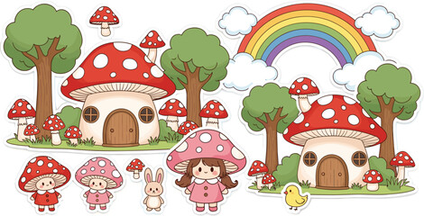 Fototapeta premium Cute Mushroom House Vector Element Set with Cartoon Mushroom Characters Rainbow Trees Bunny and Chick for Fantasy Fairytale Sticker Designs
