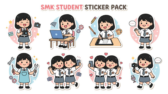 Indonesian vocational high school girl student major and lifestyle sticker pack, cute SMK schoolgirl characters in grey and white uniform for photography, IT, digital art, engineering, and vlogging, c