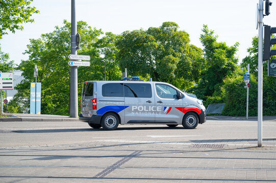 Gendarmerie, national police force in front of European Parliament, Strasbourg in France, CRS police car, demonstration of farmers