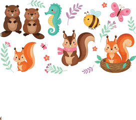 Fototapeta premium Cute Mixed Animal Vector Element Set with Cartoon Woodland Squirrels Beavers Honeybee Butterfly Nest and an Ocean Seahorse for Kids Graphic Designs