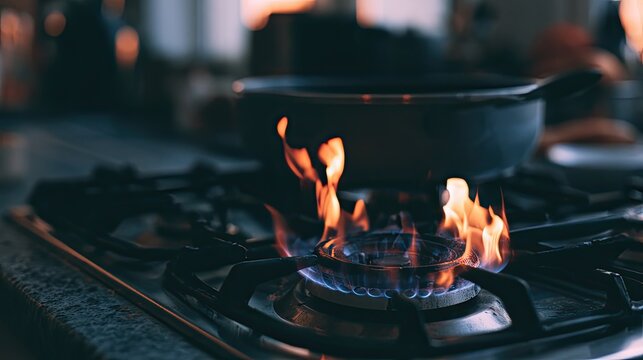 Closeup of burning gas stove with blue orange flame and iron wok, home cooking scene for food menu and gas safety educational graphic
