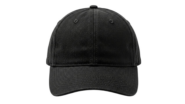 Black baseball cap with embroidered eyelets on transparent background