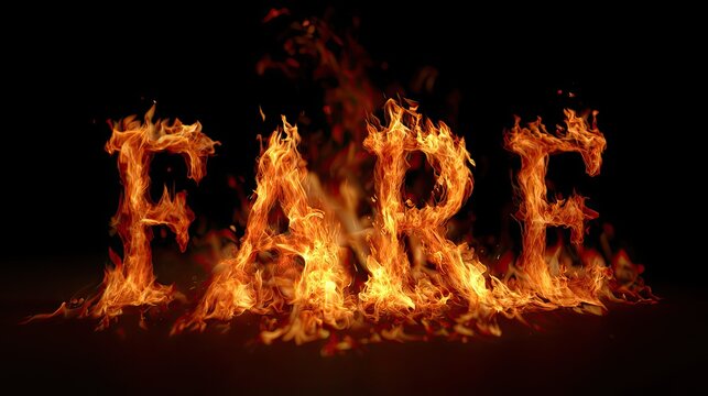 Flame Text "FARE" Design, Burning Letter Effect, Orange Fire Art Font, Visual Impact Material on Black Background