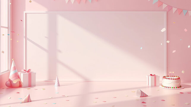 Pink birthday party room interior with empty whiteboard cake and gift boxes