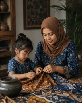 Authentic Indonesian Muslim Mother in Brown Hijab Teaching Young Daughter Batik Fabric Craft at Wooden Table, Earthy Warm Cultural Heritage Family Togetherness and Lifestyle Concept