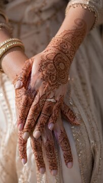 Close-Up of Bride's Hands with Intricate Bridal Henna Mehndi Design, Gold Bangles and Diamond Engagement Ring on Cream Fabric, Earthy Terracotta Indian Wedding Tradition and Heritage Concept
