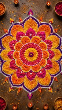 Vibrant Overhead Flat Lay of Colorful Diwali Rangoli Mandala Made with Marigold Petals in Bold Yellow Orange Fuchsia and Purple with Diya Candles, Dopamine Indian Festival Art Concept