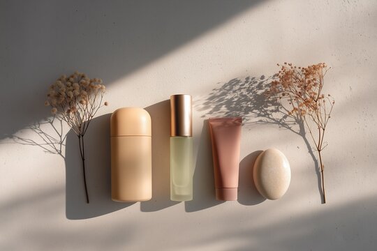 Minimal skincare product mockup with cosmetic bottles, natural stones and neutral spa aesthetic background.