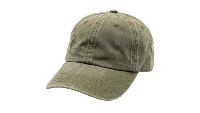 Olive green baseball cap with stitching details on transparent background