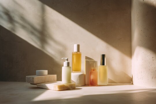 Minimal skincare product mockup with cosmetic bottles, natural stones and neutral spa aesthetic background.