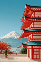 Obraz premium Red pagoda overlooking Mount Fuji in Japan with autumn foliage and clear blue sky