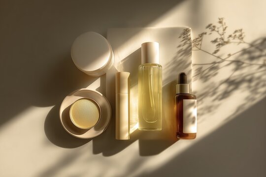 Minimal skincare product mockup with cosmetic bottles, natural stones and neutral spa aesthetic background.