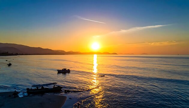 Golden sunset over calm ocean waves with boat.
