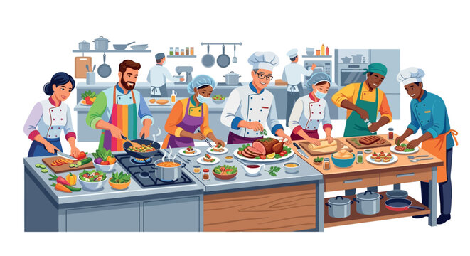 Culinary Team Preparing Food In A Commercial Kitchen Vector Illustration