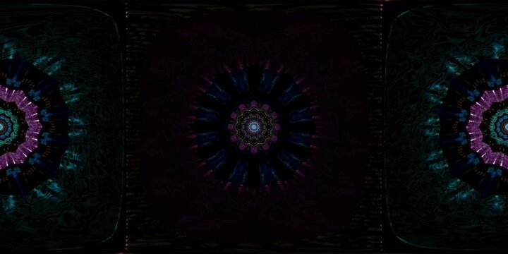 Equirectangular VR 360 mandala environment map designed in sacred geometry as HDRI spherical spiritual loop for dome projection, immersive metaverse temples and VJ stage visuals