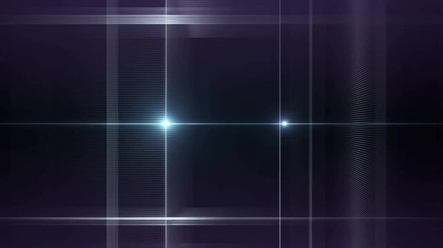 暗い空間に青く輝くレンズフレアと近未来的なサイバーグリッドラインの背景映像
