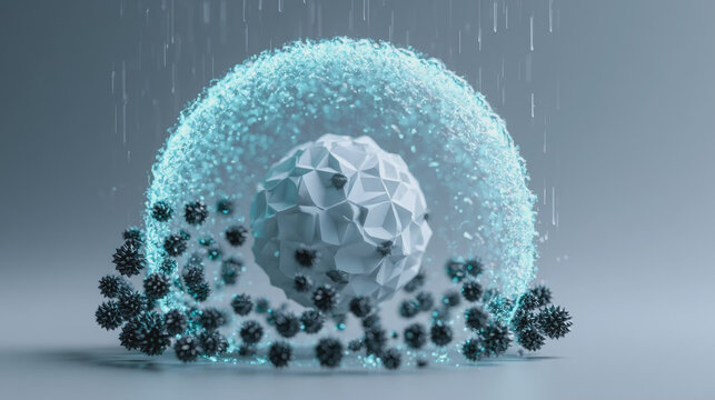 3D rendered conceptual illustration of a protective energy shield blocking viruses and bacteria from attacking a white cell or core
