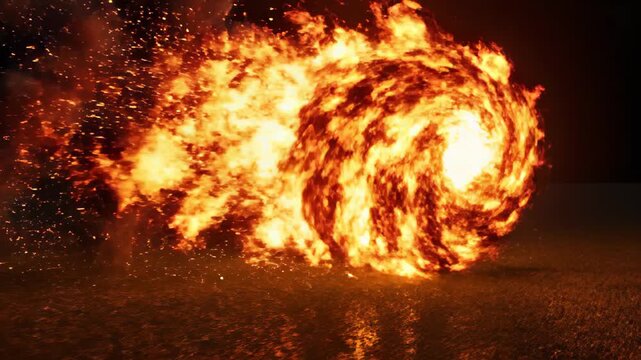 Fiery explosion slow-motion flames burst dynamic orange red fireball