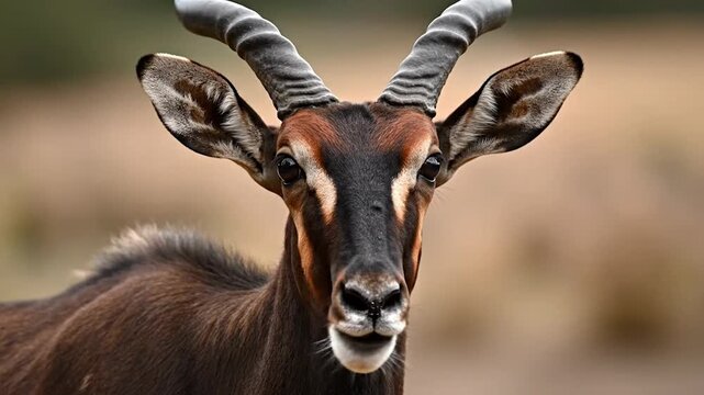 Portrait of a sable antelope with twisted horns.