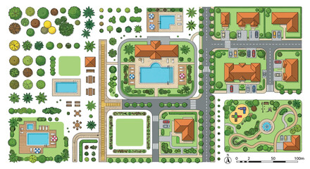 Fototapeta premium Architectural plan illustration of a residential complex with landscaping