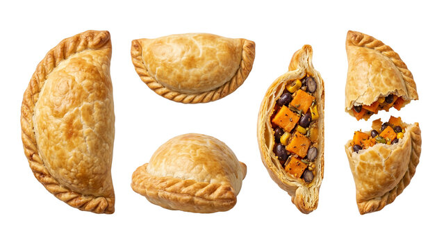 Baked Sweet Potato Black Bean Empanada Transparent PNG Isolated White Background Front Top Side Sliced Half Views Set