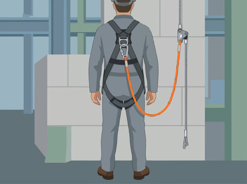 A construction worker wears a full body harness and dorsal D-ring lanyard while working on a building. Clear, professional image for safety training.
