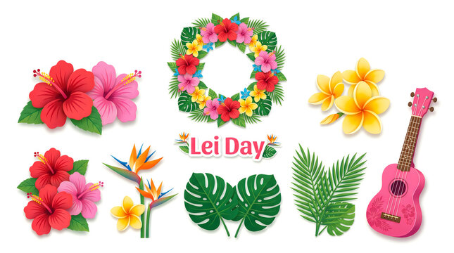 Tropical flower wreath and ukulele with festive summer celebration elements on white background