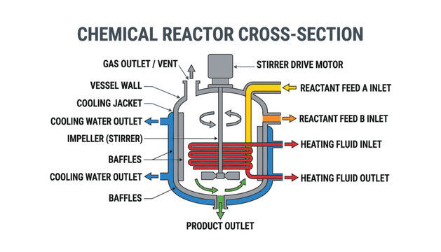 Educational diagram of an industrial chemical reactor with labeled inlets, baffles, and cooling system.eps