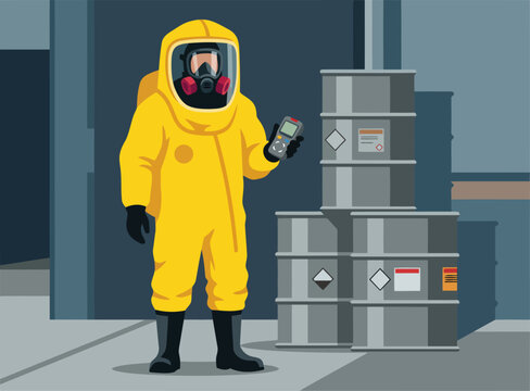 Hazmat team member assesses a spill with a handheld detector. Full encapsulation suit and barrels create a dramatic, secure scene. Professional, detailed illustration.