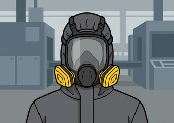 A professional wearing a full-face respirator stands in a sterile industrial setting. The image highlights safety and protection with a clear, graphic style. © Vector Factory