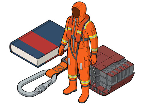 A professional wearing a survival suit stands beside the IMO SOLAS Emergency Life-Saving Manual, highlighting maritime safety preparedness. Clear, bright, and informative.