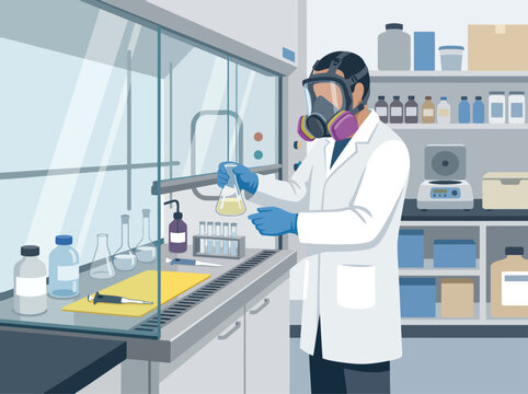 A scientist in a fume hood performs chemical experiments, wearing protective gear.  Detailed lab setting showcases safety protocols.  Professional, scientific, and visually engaging.