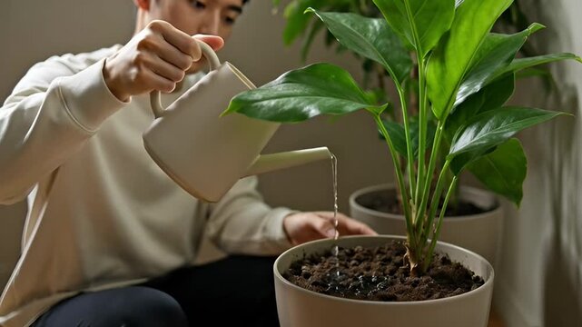 Person tending to potted plant indoors with neutral background