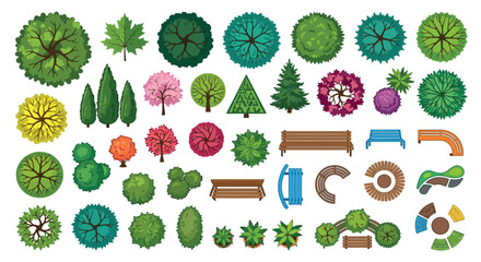 Trees And Park Elements Vector Illustration With White Background © SHANTI