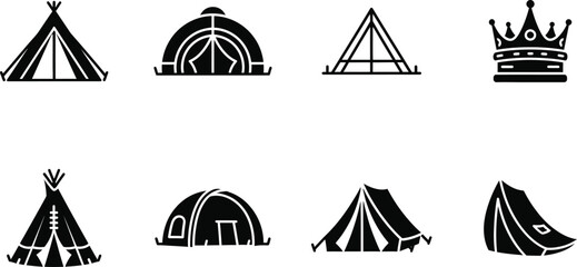 Variety of camping tents silhouette icons set including teepee dome and a frame designs © RahimAhmed