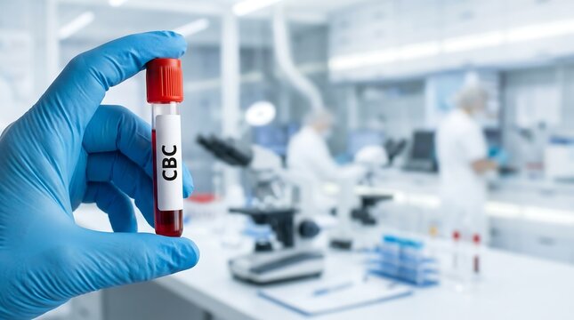 Hand in blue glove holding blood test tube labeled cbc in laboratory setting