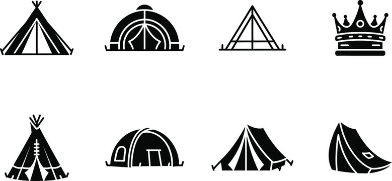 Variety of camping tents silhouette icons set including teepee dome and a frame designs