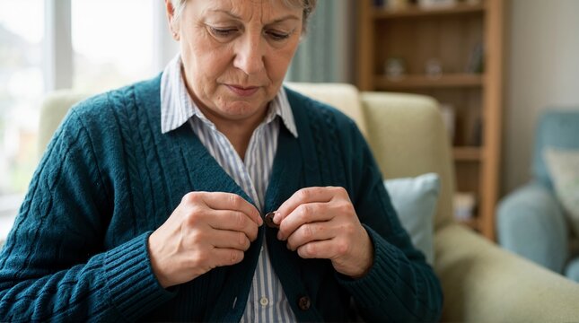 Elderly woman struggling to button her cardigan. Senior female with arthritis having difficulty dressing. Joint pain and loss of dexterity concept