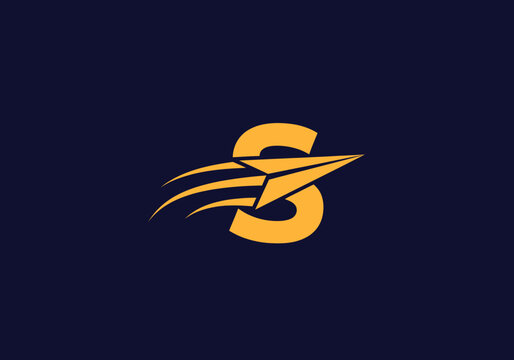 Yellow letter S logo with flying paper airplane icon