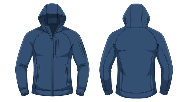 Blue Hooded Jacket Illustration with Front and Back View for Sportswear and Outdoor Fashion Design