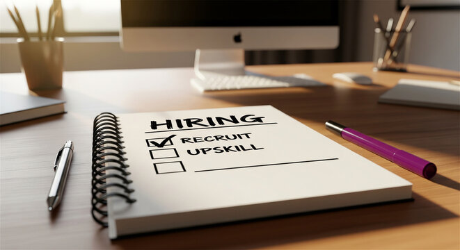 Hiring and recruitment checklist in spiral notebook, upskill and recruit strategy on office desk, human resources planning in modern workspace
