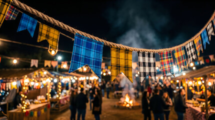 Fototapeta premium Night market festival with illuminated stalls and crowds in historic square