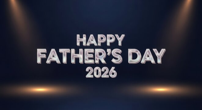 Happy fathers day 2026 elegant glass effect typography illuminated by stage spotlight beams on navy background.