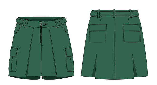 Dark Green Utility Cargo Skort with Pockets Front and Back View Fashion Technical Sketch Illustration
