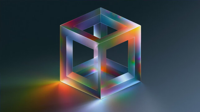 Abstract 3D iridescent glass cube with rainbow light refraction on a dark background, futuristic minimalist geometric digital art