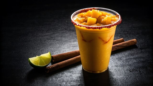 Mango drink with fruit chunks spicy rim lime and cinnamon sticks