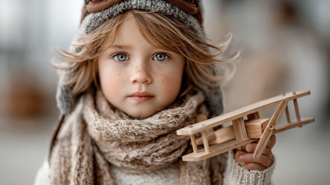 Young child wearing aviator hat holding wooden airplane, dreaming of future adventures and flying