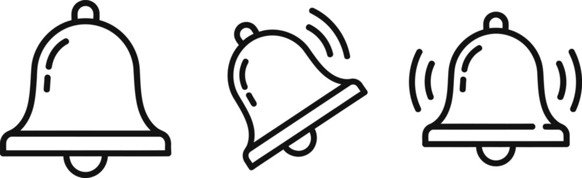 Bell icon set line art illustrations of a traditional bell in static ringing and vibrating states