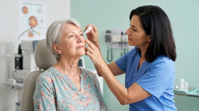 Female doctor administering eye drops to a senior woman. Healthcare professional preparing elderly patient for eye examination in a clinic. Medical treatment for vision care