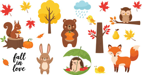 Fototapeta premium Cute Autumn Woodland Animal Vector Element Set with Cartoon Fox Bear Owl Squirrel Hedgehog and Fall Leaves for Thanksgiving Greeting Card Designs